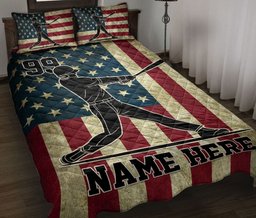 Personalized Baseball Quilt Bedding Set, Baseball Player Batter US Flag Quilt Blanket With Pillowcases, Custom Name Duvet Cover Set, Sports Gifts