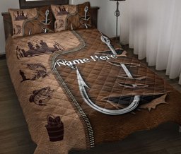 Personalized Fishing Quilt Bedding Set, Fishing Hook Quilt Blanket With Pillowcases, Custom Name Duvet Cover Set