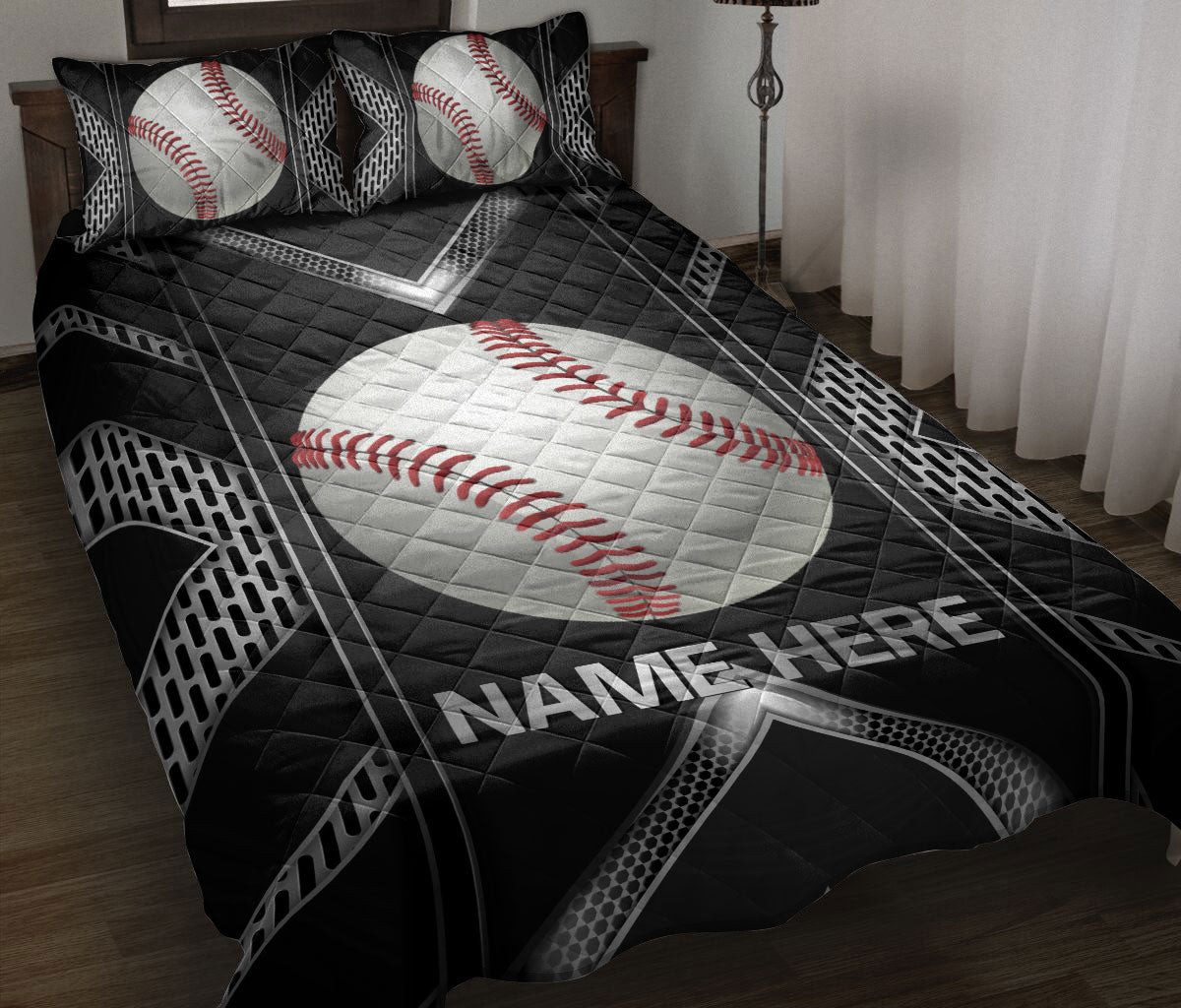 Personalized Baseball Quilt Bedding Set, Baseball White Ball Carbon Quilt Blanket With Pillowcases, Custom Name Duvet Cover Set, Sports Gifts