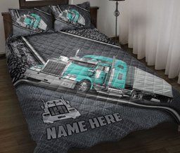 Personalized Trucker Quilt Bedding Set, Cyan Truck Gray Trucker Truck Driver Quilt Blanket With Pillowcases, Custom Name Duvet Cover Set