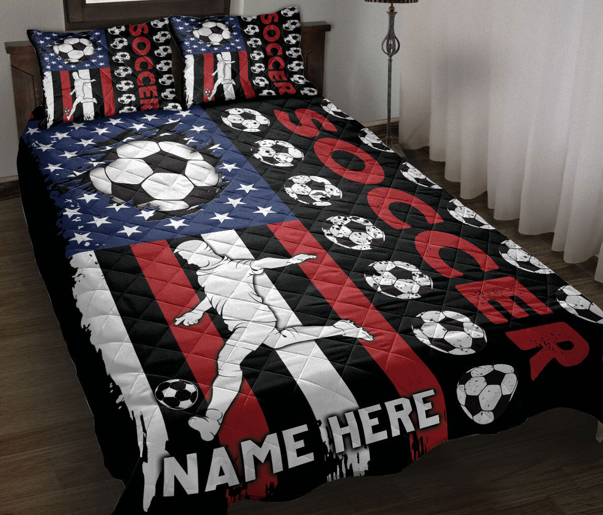 Personalized Soccer Quilt Bedding Set, Soccer Player US Flag Usa Quilt Blanket With Pillowcases, Custom Name Duvet Cover Set