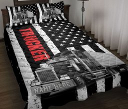 Personalized Trucker Quilt Bedding Set, Black Truck Trucker Driver US Flag Quilt Blanket With Pillowcases, Custom Name Duvet Cover Set