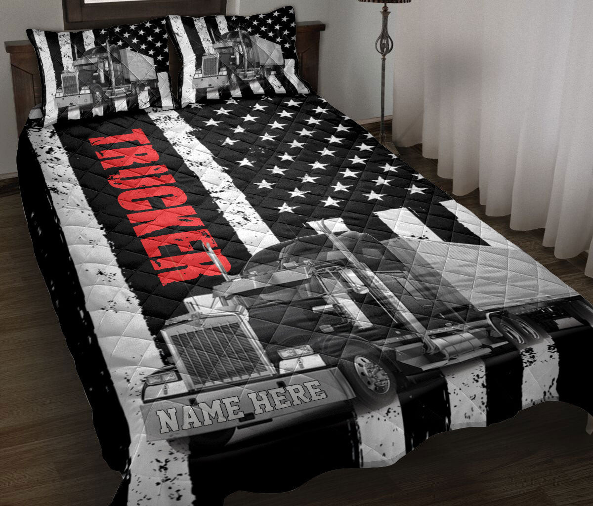 Personalized Trucker Quilt Bedding Set, Black Truck Trucker Driver US Flag Quilt Blanket With Pillowcases, Custom Name Duvet Cover Set