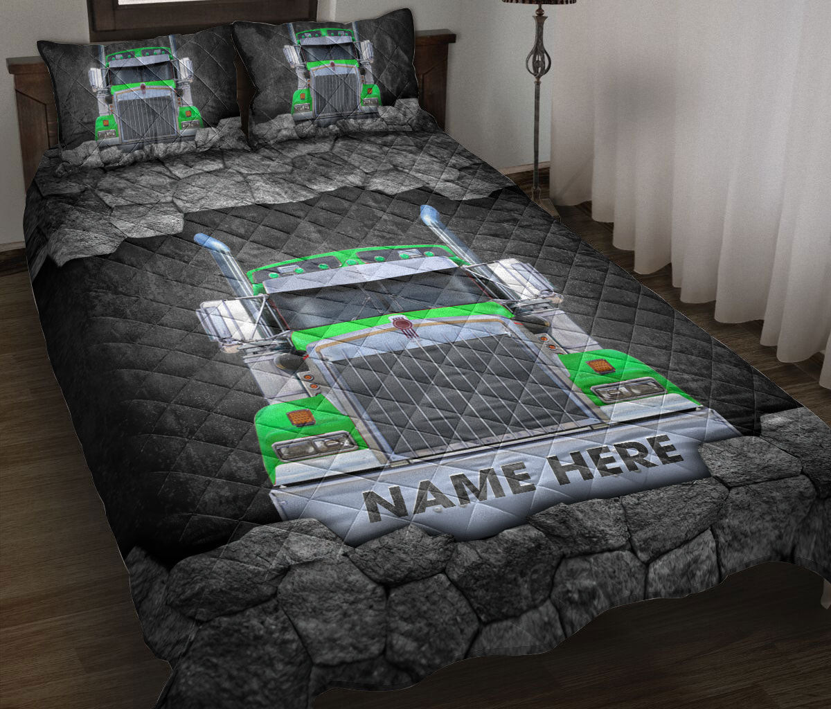 Personalized Trucker Quilt Bedding Set, Green Truck Driver Trucker Crack Quilt Blanket With Pillowcases, Custom Name Duvet Cover Set