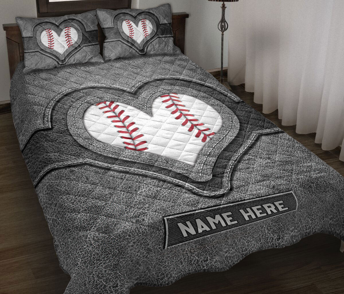 Personalized Baseball Quilt Bedding Set, Baseball Heart Gray Quilt Blanket With Pillowcases, Custom Name Duvet Cover Set, Sports Gifts