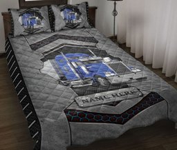 Personalized Trucker Quilt Bedding Set, Blue Truck Trucker Driver Carbon Stone Quilt Blanket With Pillowcases, Custom Name Duvet Cover Set