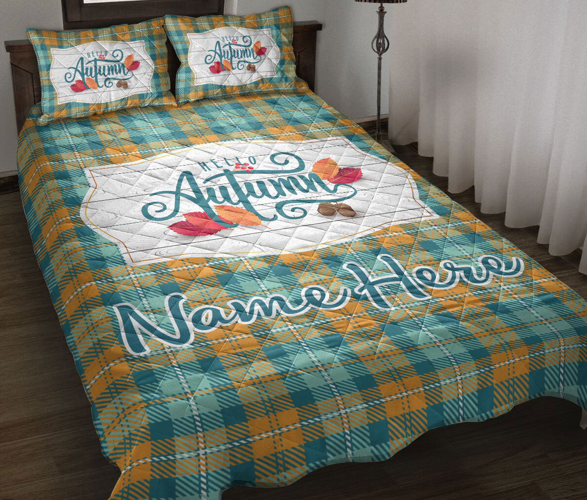 Personalized Quilt Bedding Set, Hello Autumn Pumpkin Plaid Quilt Blanket With Pillowcases, Custom Name Duvet Cover Set, Autumn Gift