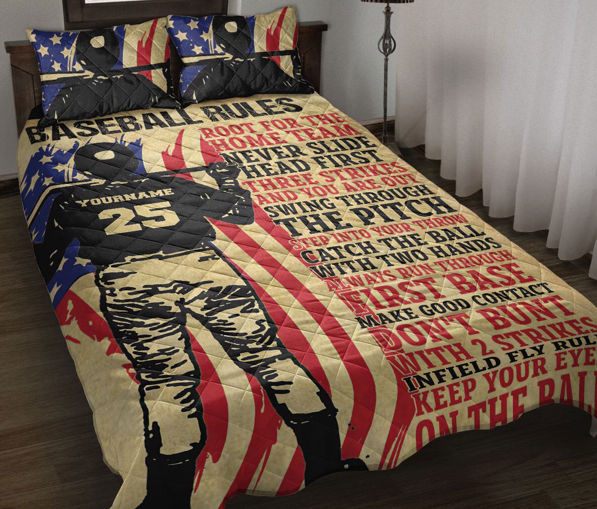 Personalized Baseball Quilt Bedding Set, Baseball Rule Baseball Boy Player Quilt Blanket With Pillowcases, Duvet Cover Set