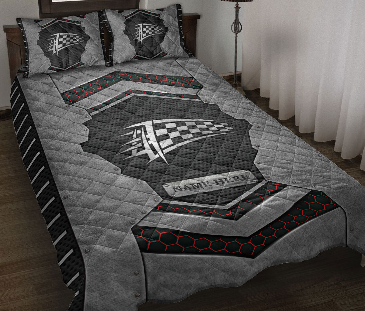 Personalized Racing Quilt Bedding Set, Racing Checkered Flag Carbon Silver Quilt Blanket With Pillowcases, Custom Name Duvet Cover Set