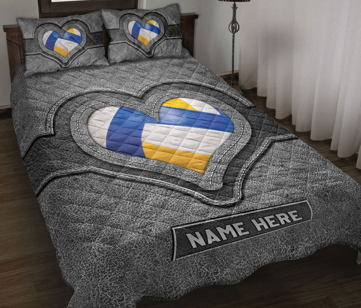 Personalized Volleyball Quilt Bedding Set, Volleyball Heart Gray Quilt Blanket With Pillowcases, Custom Name Duvet Cover Set