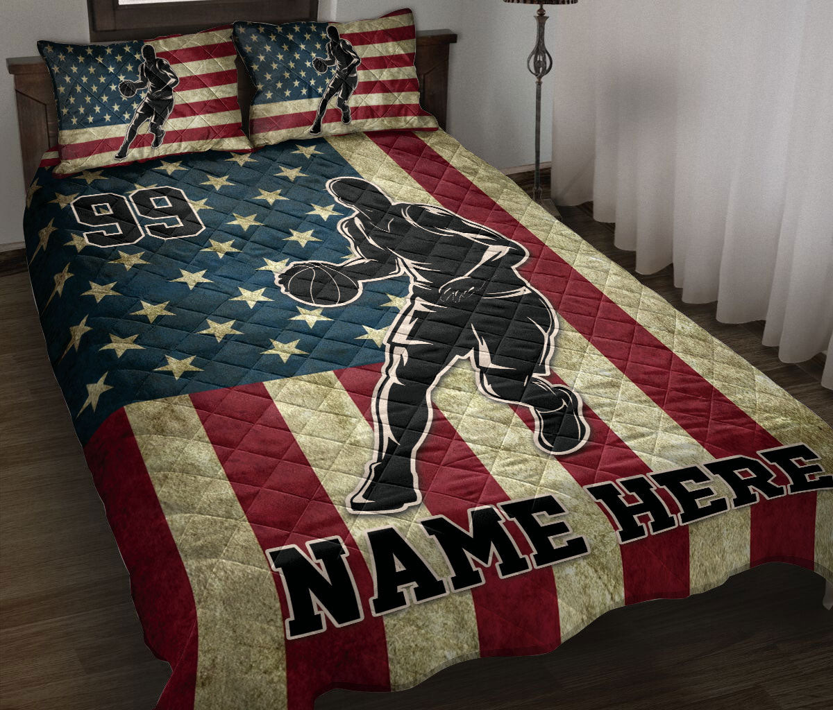 Personalized Basketball Quilt Bedding Set, Basketball Player US Flag Quilt Blanket With Pillowcases, Custom Name Duvet Cover Set