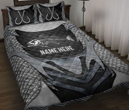 Personalized Fishing Quilt Bedding Set, Fishing Fish Fish Bone Quilt Blanket With Pillowcases, Custom Name Duvet Cover Set