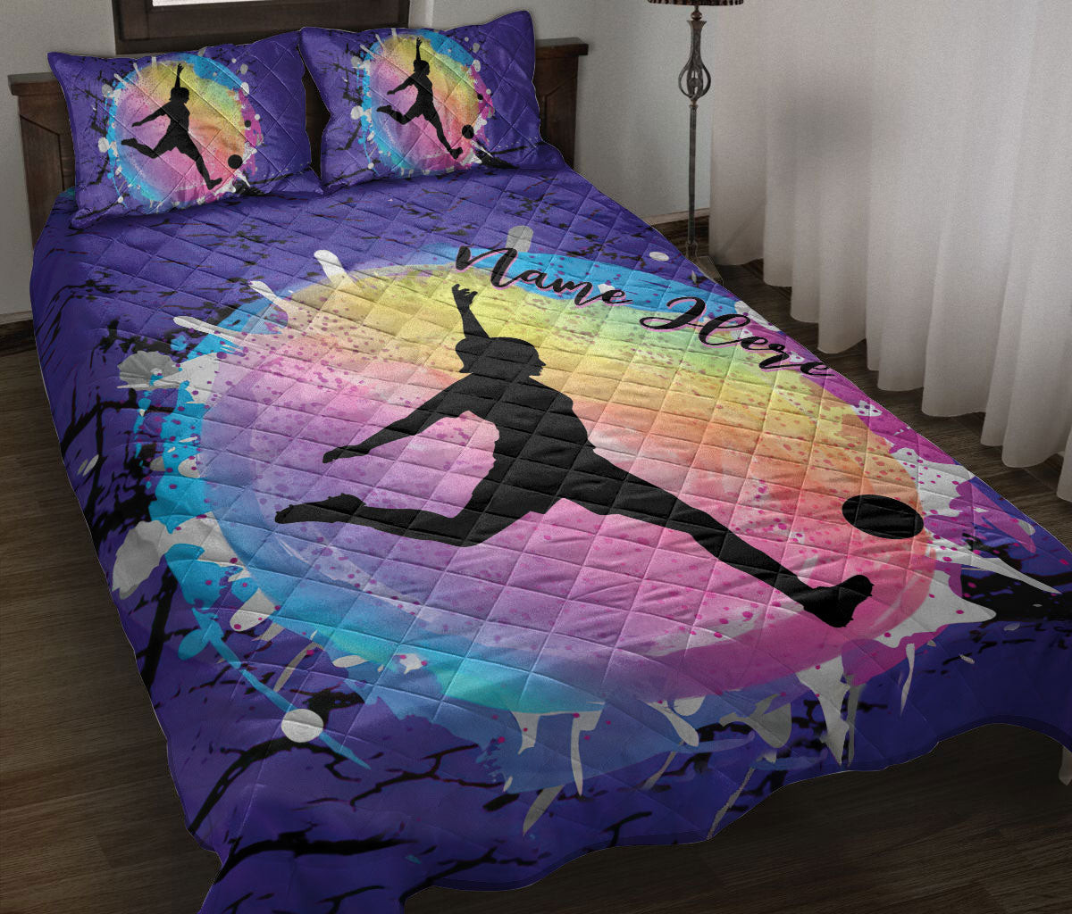 Personalized Soccer Quilt Bedding Set, Watercolor Soccer Player Daughter Quilt Blanket With Pillowcases, Custom Name Duvet Cover Set
