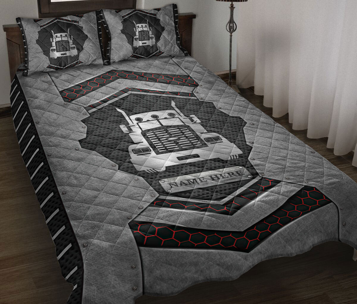 Personalized Trucker Quilt Bedding Set, Truck Trucker Carbon Stone Silver Quilt Blanket With Pillowcases, Custom Name Duvet Cover Set