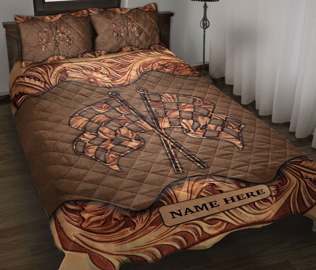 Personalized Racing Quilt Bedding Set, Wood Racing Checkered Flag Sculpture Quilt Blanket With Pillowcases, Custom Name Duvet Cover Set