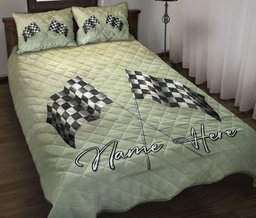 Personalized Racing Quilt Bedding Set, Racing Checkered Flags Old Paper Style Quilt Blanket With Pillowcases, Custom Name Duvet Cover Set