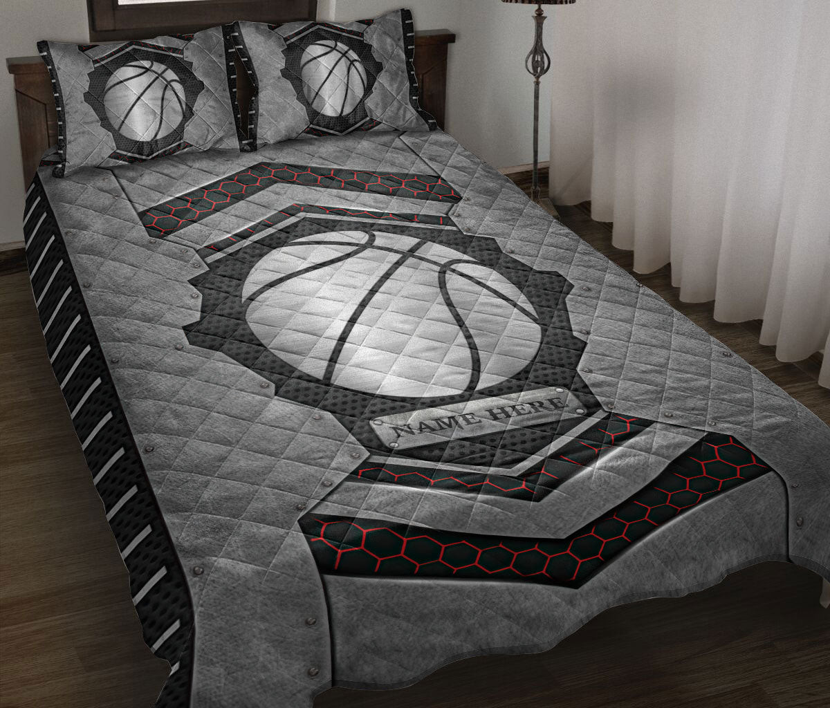 Personalized Basketball Quilt Bedding Set, Basketball Carbon Stone Silver Quilt Blanket With Pillowcases, Custom Name Duvet Cover Set