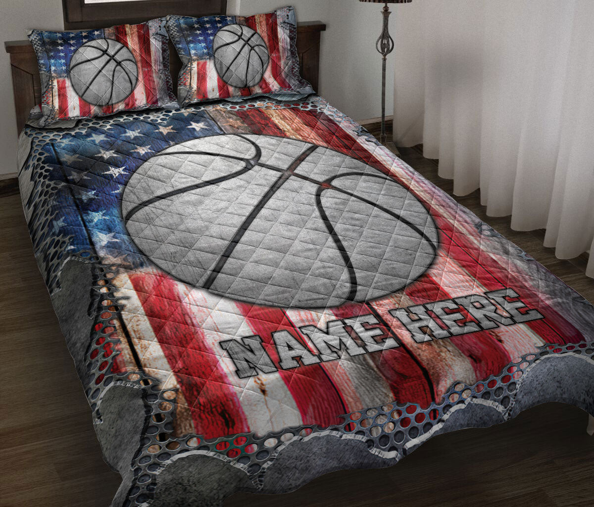 Personalized Basketball Quilt Bedding Set, Basketball Ball US Flag Crack Quilt Blanket With Pillowcases, Custom Name Duvet Cover Set
