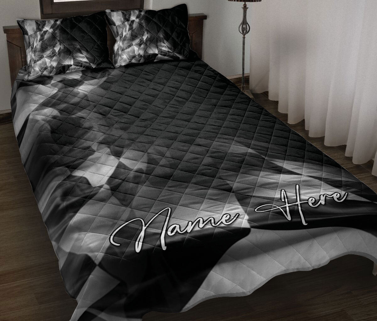 Personalized Racing Quilt Bedding Set, Racing Checkered Flag Racing Flag On Black Quilt Blanket With Pillowcases, Custom Name Duvet Cover Set