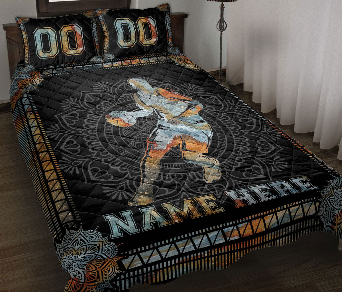 Personalized Basketball Quilt Bedding Set, Basketball Boy Player Mandala Black Quilt Blanket With Pillowcases, Duvet Cover Set