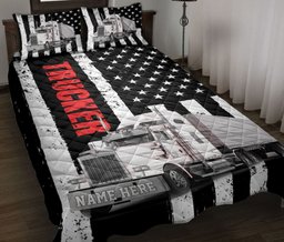 Personalized Trucker Quilt Bedding Set, White Truck Trucker Driver US Flag Quilt Blanket With Pillowcases, Custom Name Duvet Cover Set
