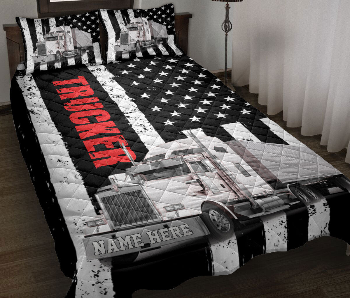 Personalized Trucker Quilt Bedding Set, White Truck Trucker Driver US Flag Quilt Blanket With Pillowcases, Custom Name Duvet Cover Set