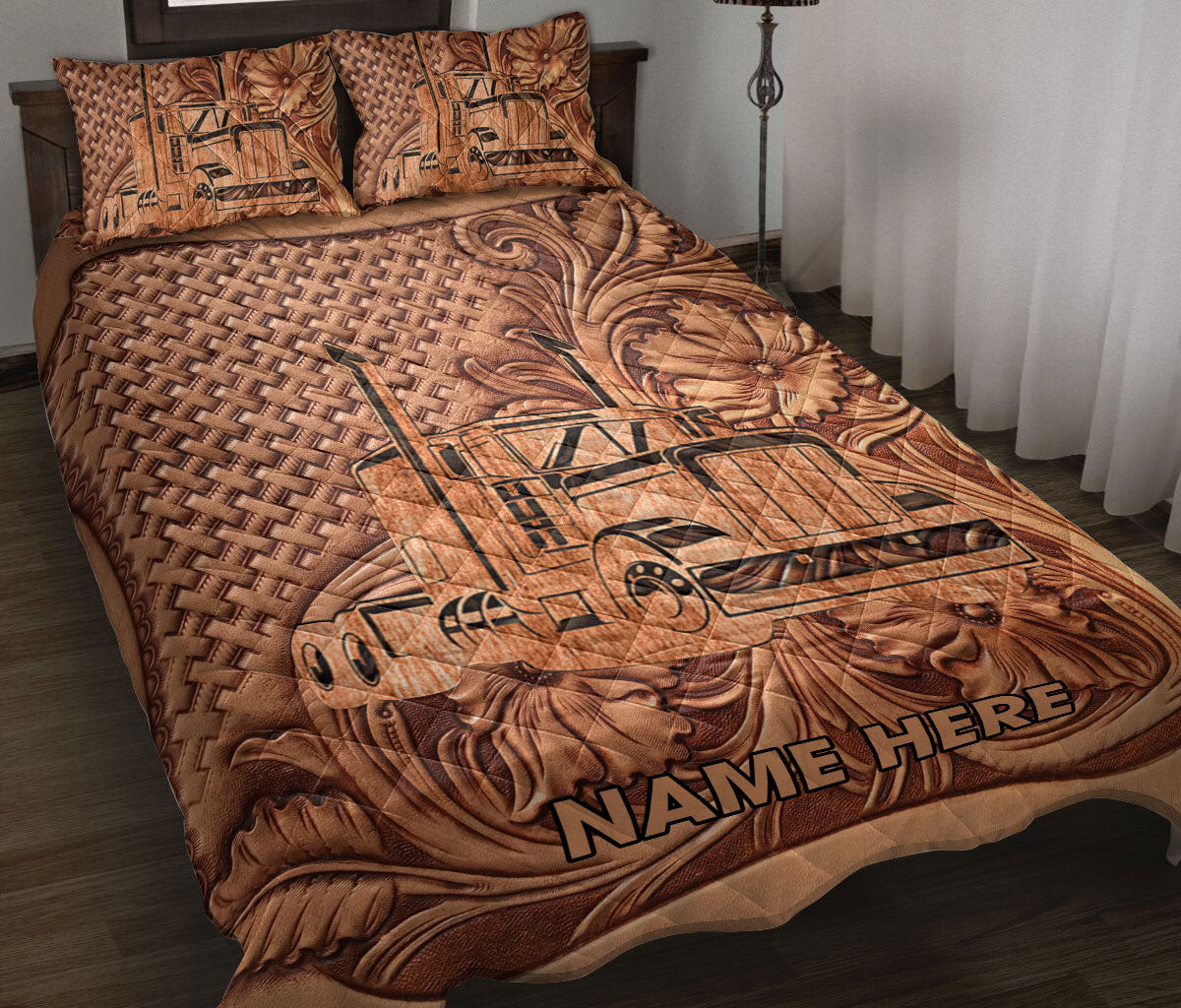 Personalized Trucker Quilt Bedding Set, Truck Floral Trucker Driver Quilt Blanket With Pillowcases, Custom Name Duvet Cover Set