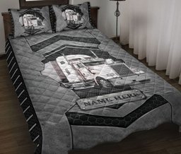 Personalized Trucker Quilt Bedding Set, White Truck Trucker Driver Carbon Stone Quilt Blanket With Pillowcases, Custom Name Duvet Cover Set