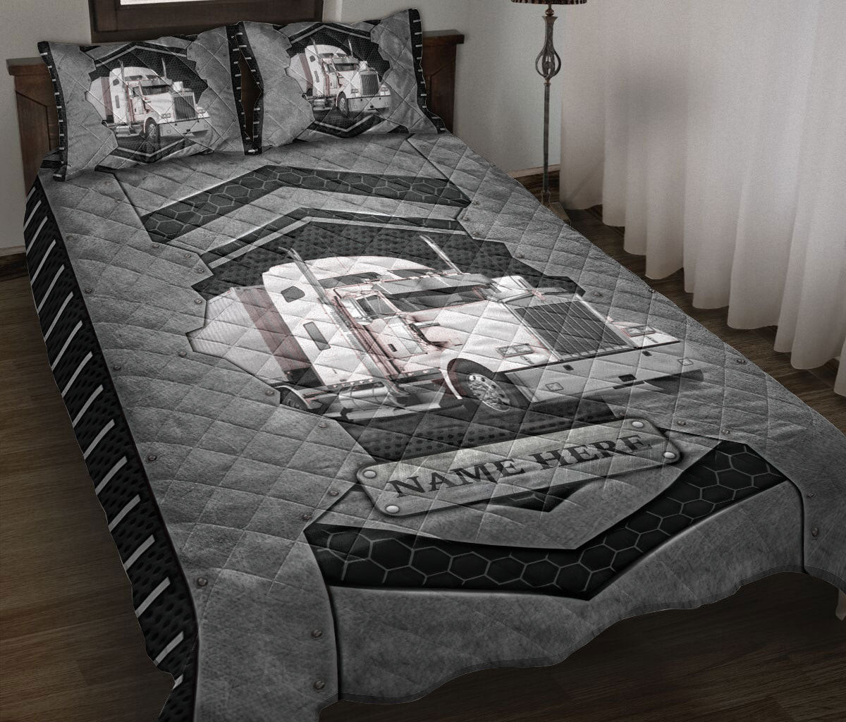 Personalized Trucker Quilt Bedding Set, White Truck Trucker Driver Carbon Stone Quilt Blanket With Pillowcases, Custom Name Duvet Cover Set