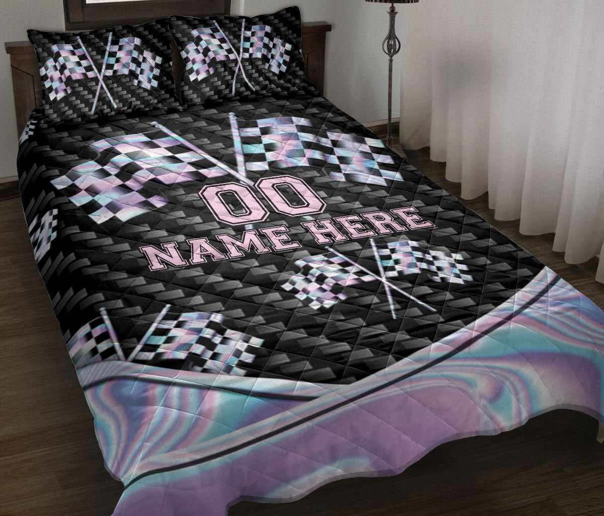 Personalized Racing Quilt Bedding Set, Checkered Racing Flag Racer Hologram Quilt Blanket With Pillowcases, Duvet Cover Set
