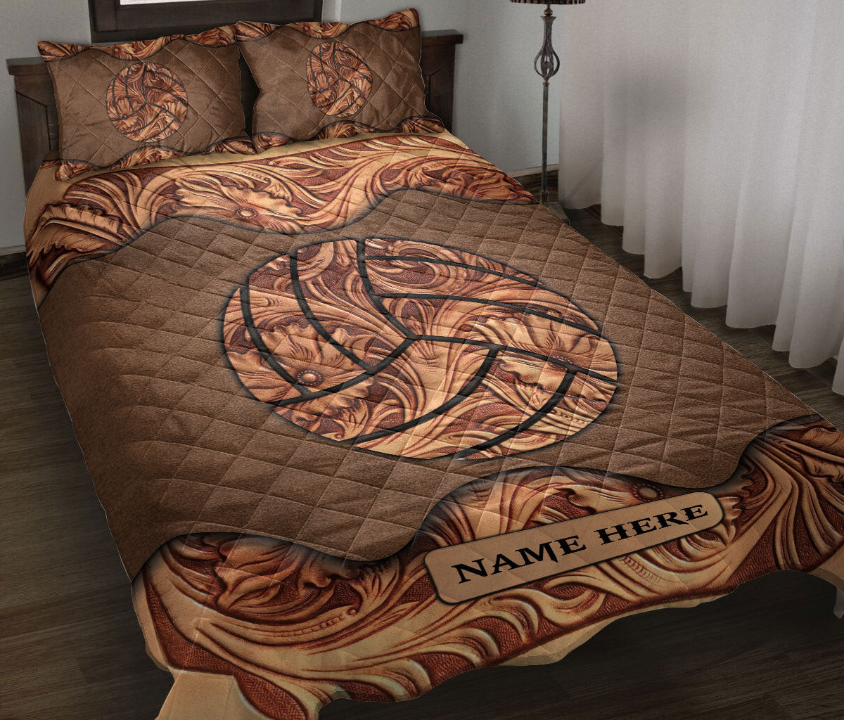 Personalized Volleyball Quilt Bedding Set, Wood Volleyball Sculptures Quilt Blanket With Pillowcases, Custom Name Duvet Cover Set
