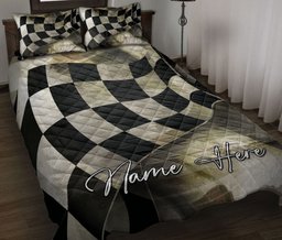 Personalized Racing Quilt Bedding Set, Racing Checkered Flag Old Style Quilt Blanket With Pillowcases, Custom Name Duvet Cover Set