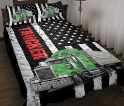 Personalized Trucker Quilt Bedding Set, Green Truck Trucker Driver US Flag Quilt Blanket With Pillowcases, Custom Name Duvet Cover Set