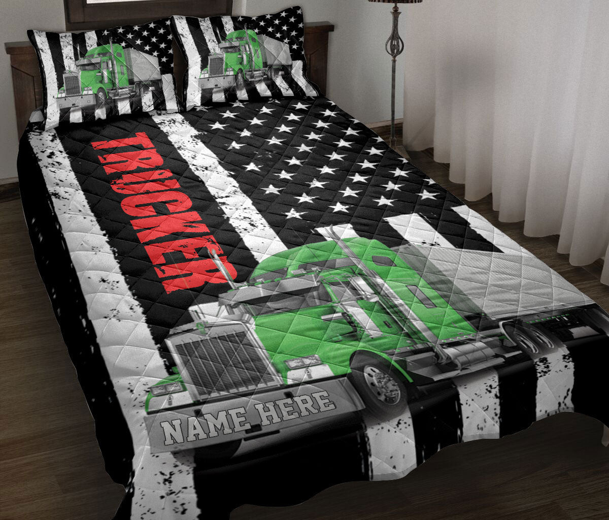 Personalized Trucker Quilt Bedding Set, Green Truck Trucker Driver US Flag Quilt Blanket With Pillowcases, Custom Name Duvet Cover Set