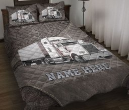 Personalized Trucker Quilt Bedding Set, White Truck Trucker Driver Quilt Blanket With Pillowcases, Custom Name Duvet Cover Set