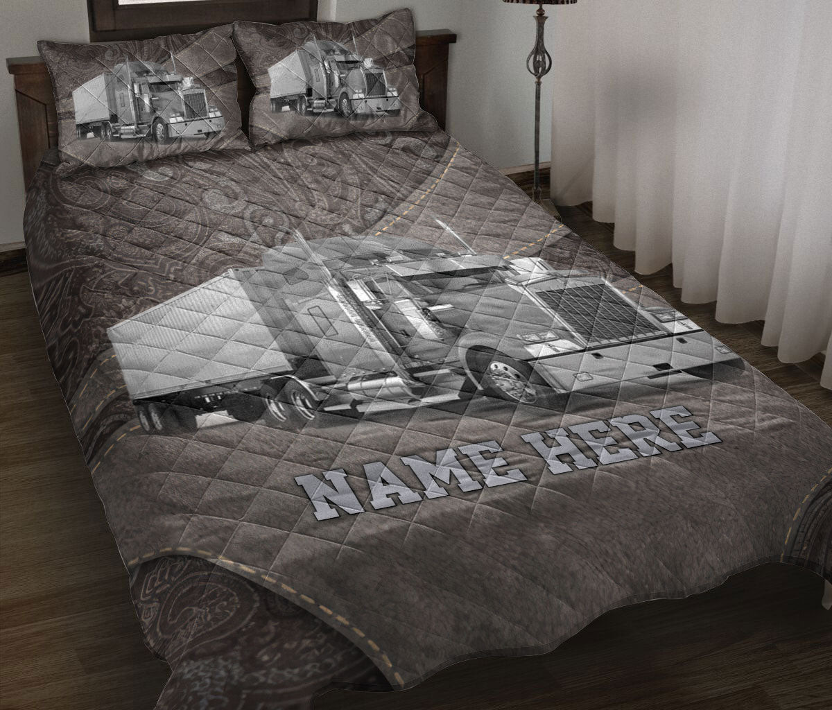Personalized Trucker Quilt Bedding Set, Gray Truck Trucker Driver Quilt Blanket With Pillowcases, Custom Name Duvet Cover Set