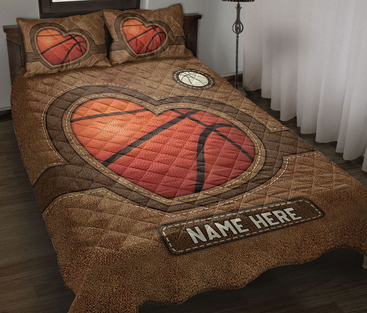 Personalized Basketball Quilt Bedding Set, Basketball Heart Quilt Blanket With Pillowcases, Custom Name Duvet Cover Set