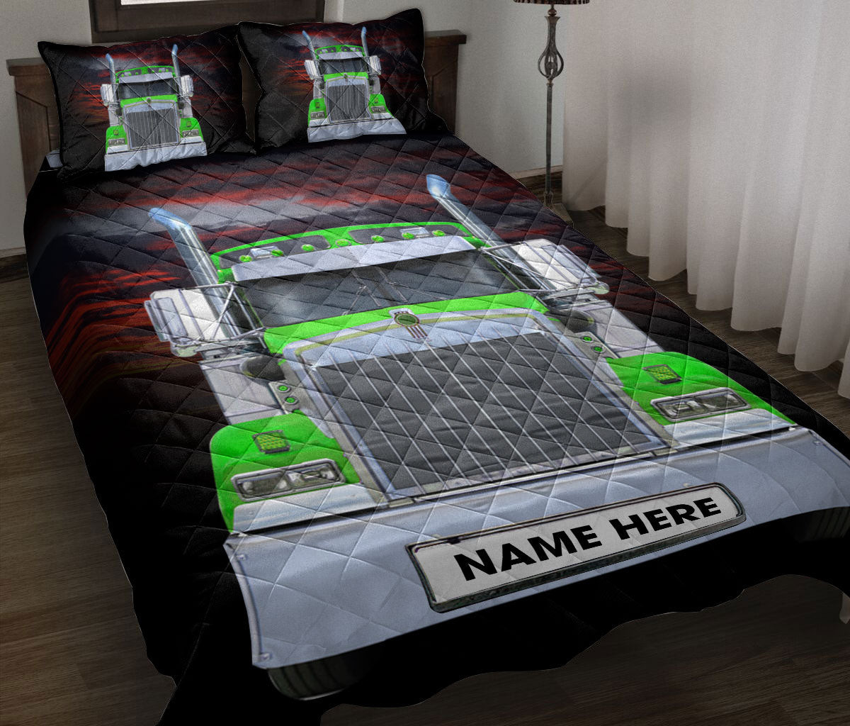 Personalized Trucker Quilt Bedding Set, Green Truck Love Trucker Driver Quilt Blanket With Pillowcases, Custom Name Duvet Cover Set