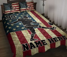 Personalized Football Quilt Bedding Set, American Football Player US Flag Quilt Blanket With Pillowcases, Custom Name Duvet Cover Set