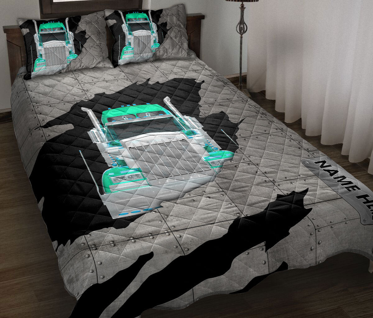 Personalized Trucker Quilt Bedding Set, Turquoise Truck Crack Trucker Quilt Blanket With Pillowcases, Custom Name Duvet Cover Set