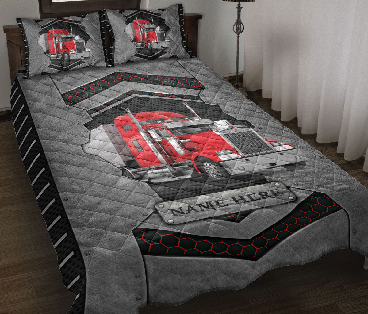 Personalized Trucker Quilt Bedding Set, Red Truck Trucker Truck Driver Carbon Stone Quilt Blanket With Pillowcases, Custom Name Duvet Cover Set