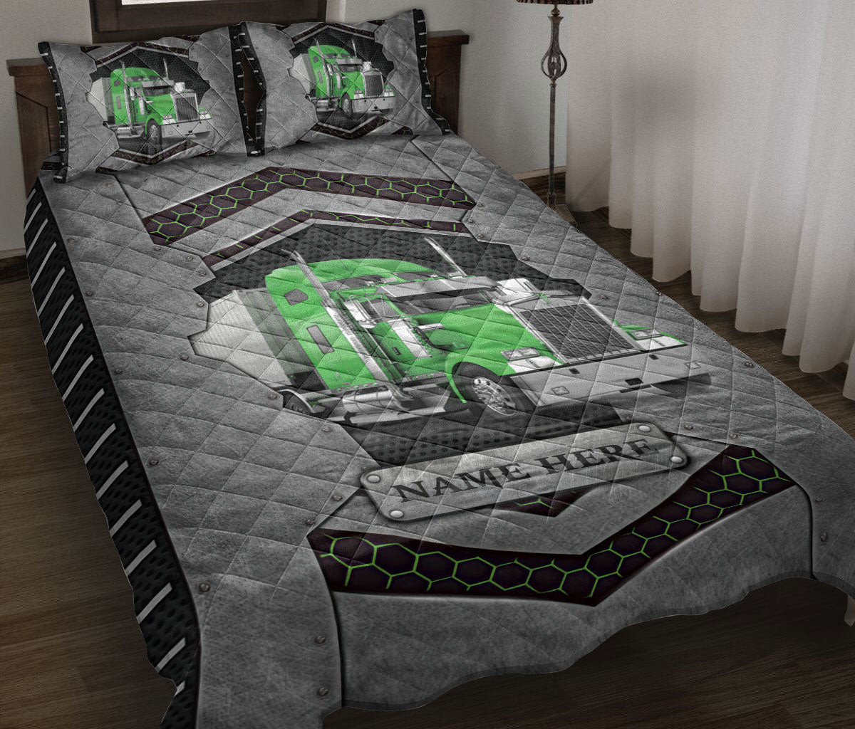 Personalized Trucker Quilt Bedding Set, Green Truck Trucker Driver Carbon Stone Quilt Blanket With Pillowcases, Custom Name Duvet Cover Set