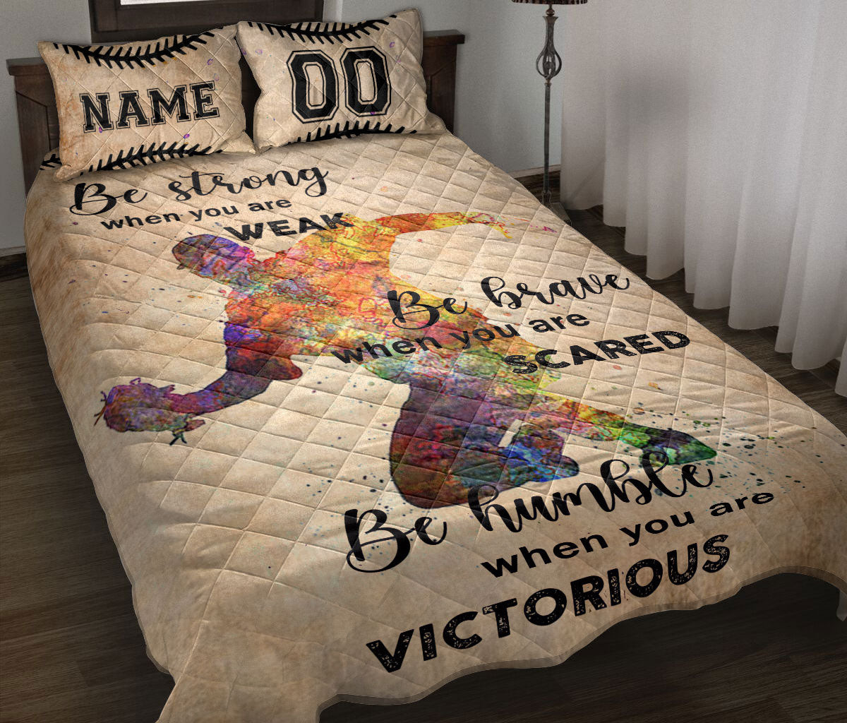 Personalized Baseball Quilt Bedding Set, Watercolor Catcher Baseball Boy Men Player Quilt Blanket With Pillowcases, Duvet Cover Set