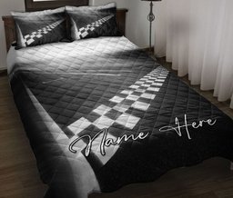 Personalized Racing Quilt Bedding Set, Racing Race Arrival On Victory Line Quilt Blanket With Pillowcases, Custom Name Duvet Cover Set