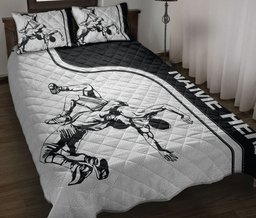 Personalized Wrestling Quilt Bedding Set, Wrestling Black & White Quilt Blanket With Pillowcases, Custom Name Duvet Cover Set