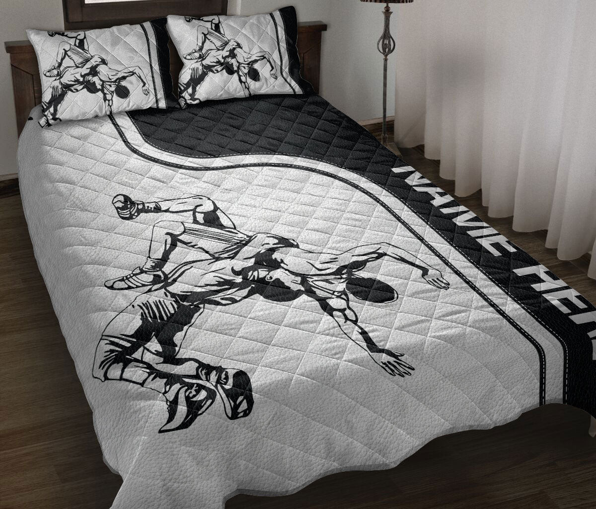 Personalized Wrestling Quilt Bedding Set, Wrestling Black & White Quilt Blanket With Pillowcases, Custom Name Duvet Cover Set