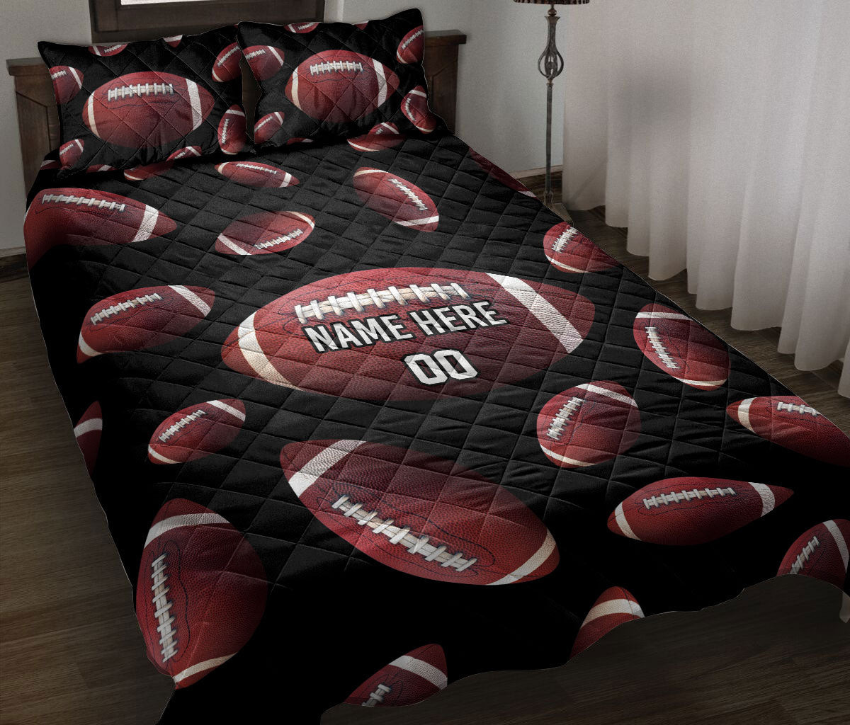 Personalized Football Quilt Bedding Set, American Football Ball Quilt Blanket With Pillowcases, Custom Name Duvet Cover Set
