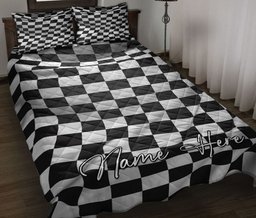 Personalized Racing Quilt Bedding Set, Racing Checkered Flag Race Flags Quilt Blanket With Pillowcases, Custom Name Duvet Cover Set