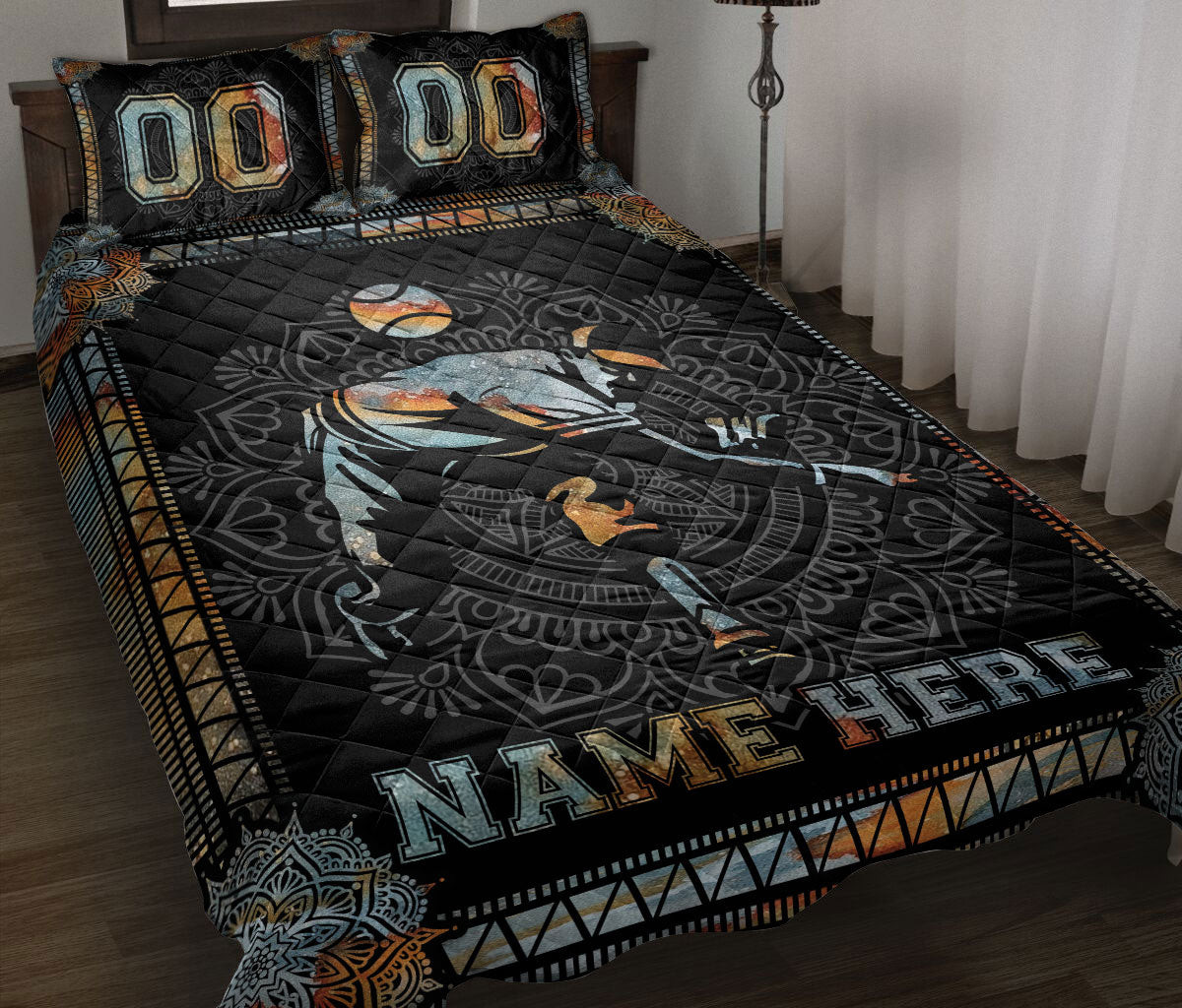 Personalized Baseball Quilt Bedding Set, Mandala Baseball Pitcher Boy Player Black Quilt Blanket With Pillowcases, Duvet Cover Set