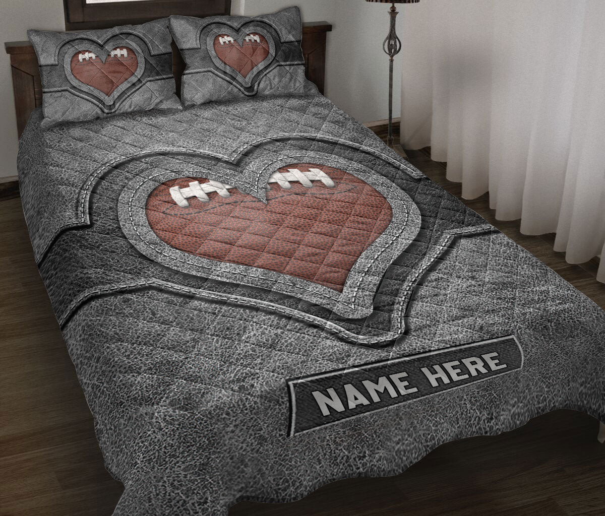Personalized Football Quilt Bedding Set, American Football Heart Gray Quilt Blanket With Pillowcases, Custom Name Duvet Cover Set